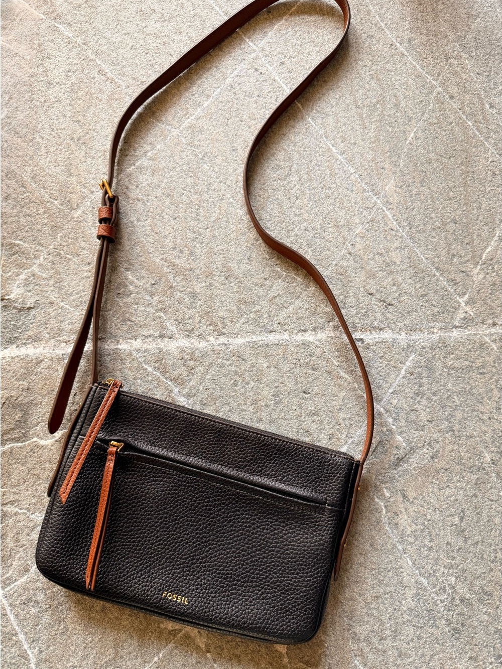 Fossil Black Pebbled Leather Crossbody with Brown Trim and Strap